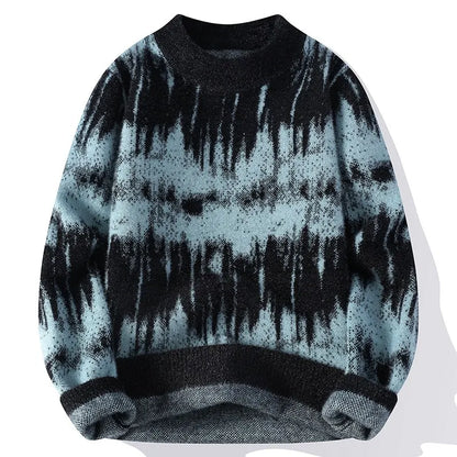 Sweater with black and blue tie-dye pattern on a white background