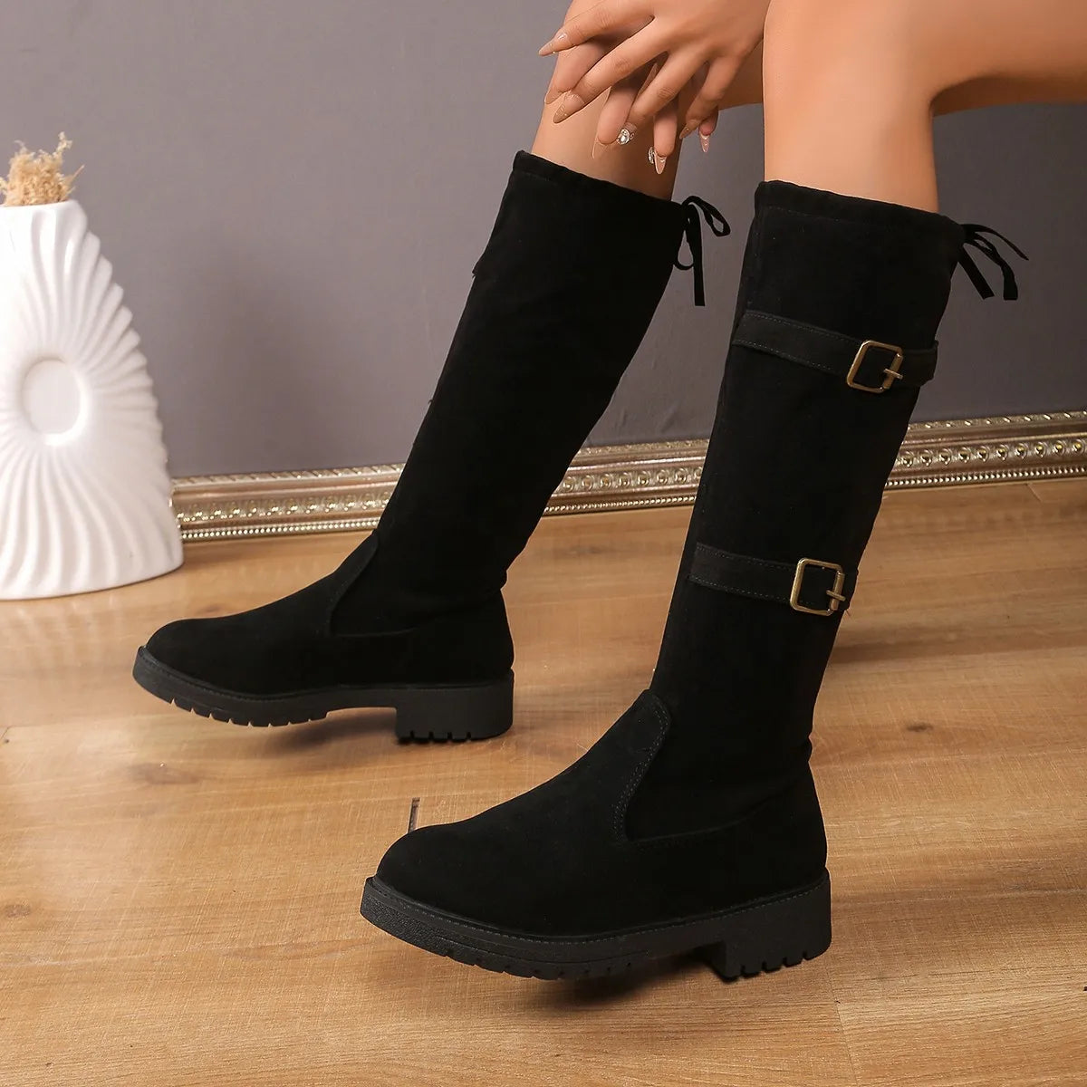 Women's Knee High Boots Black Low Heel Leather - VibreMode