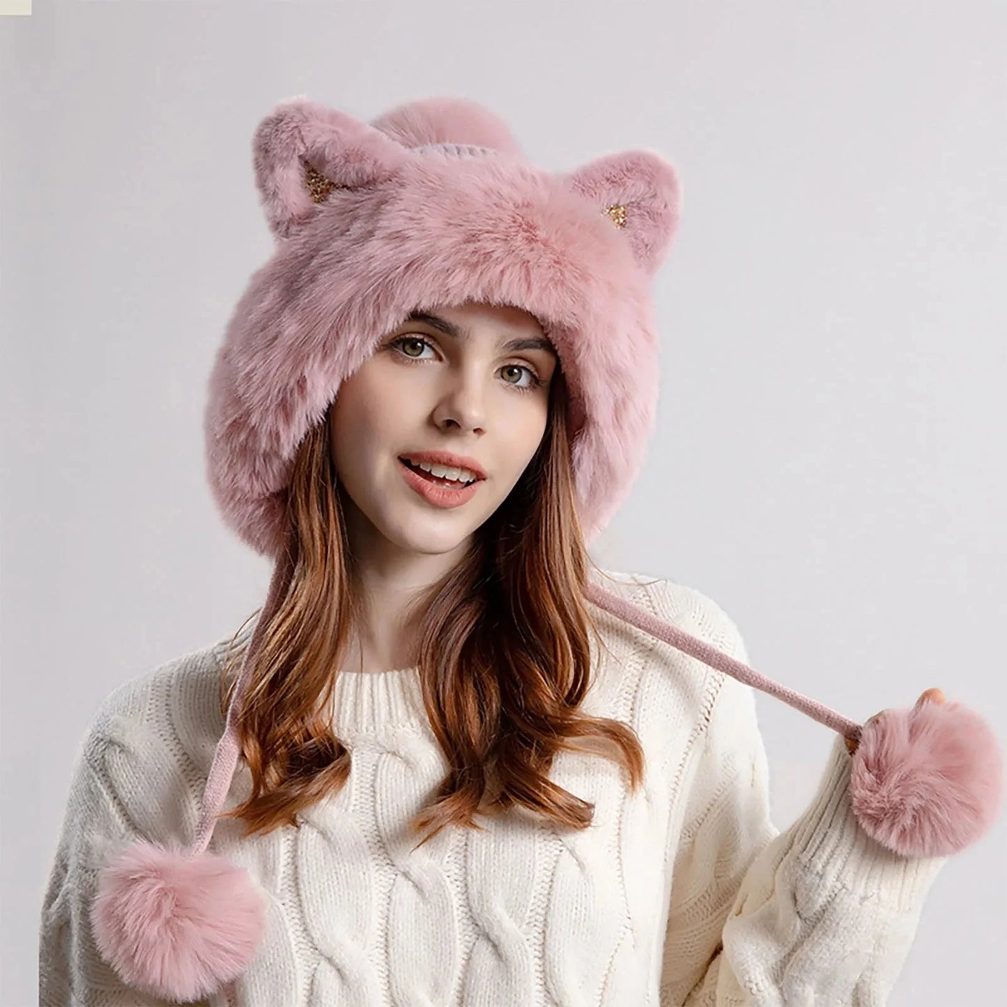 Women's Trapper Hat Cat Ear Pom Pom Faux Fur Warm Beige - VibreMode