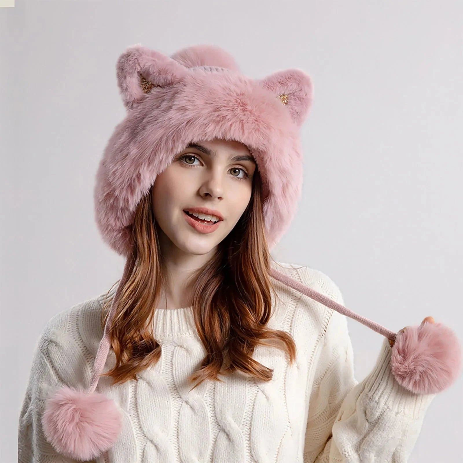 Women's Trapper Hat Cat Ear Pom Pom Faux Fur Warm Beige - VibreMode