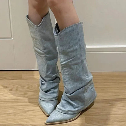 Women's Western Boots Knee High Pleated Pointed Toe Heeled - VibreMode