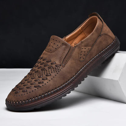 Men's Perforated Loafers Textured Leather Upper