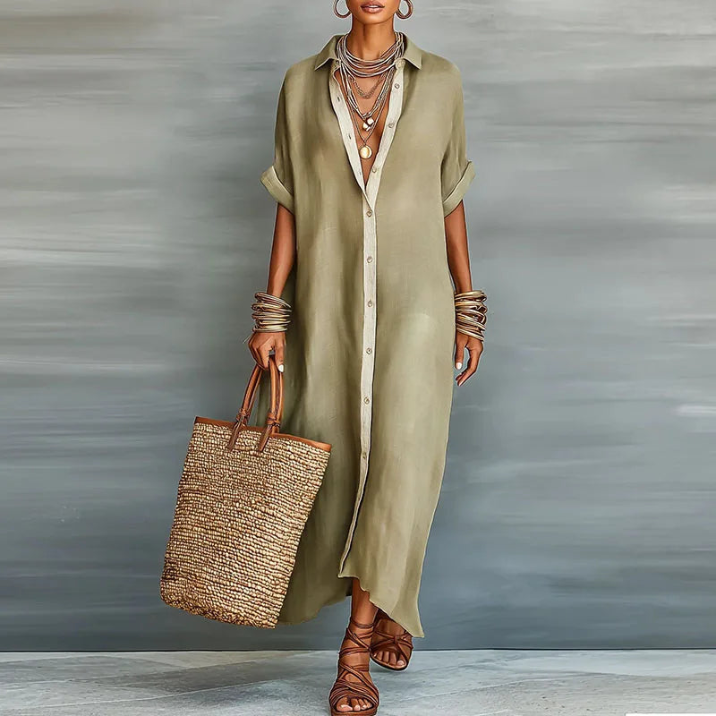 Women's Linen Sundress Long Shirt Style - VibreMode