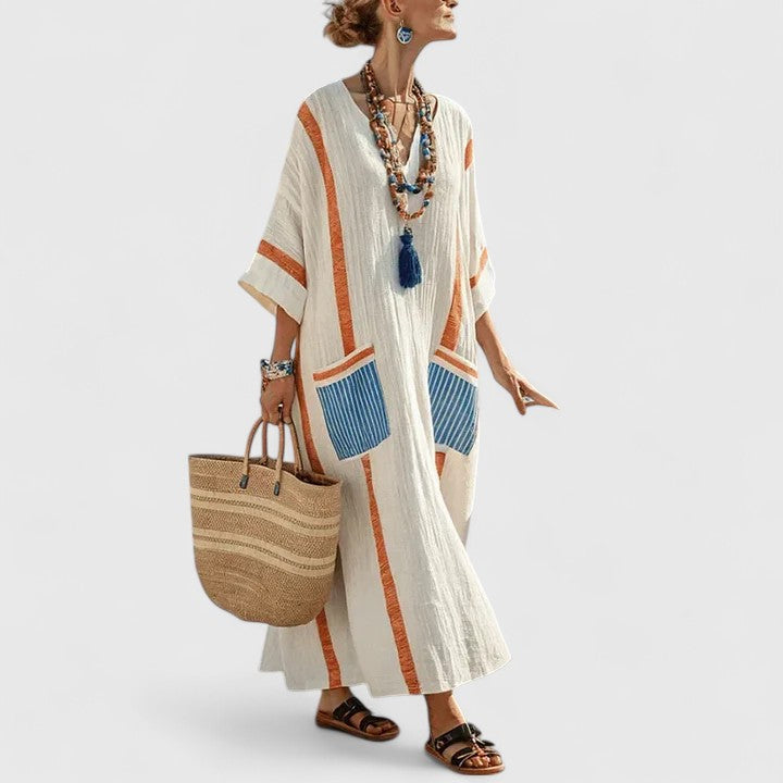 Relaxed Fit Women's Striped Linen V Neck Maxi Dress