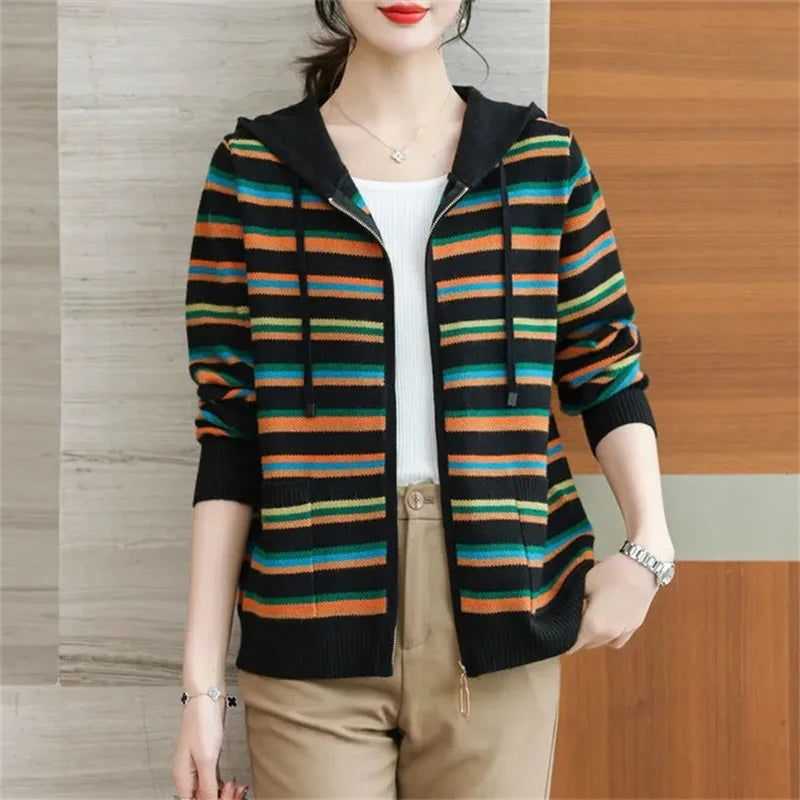 Cambrio Women's Striped Hooded Cardigan - VibreMode