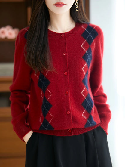 Merino Wool Blend Argyle Cardigan - VibreMode