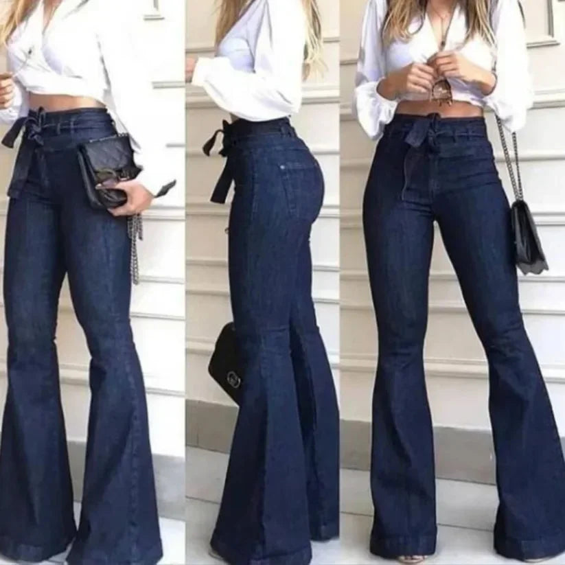 Women's High Waist Flare Jeans Slim Fit Dark Blue