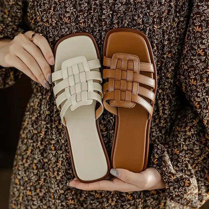 Women's Leather Flat Slides Comfortable