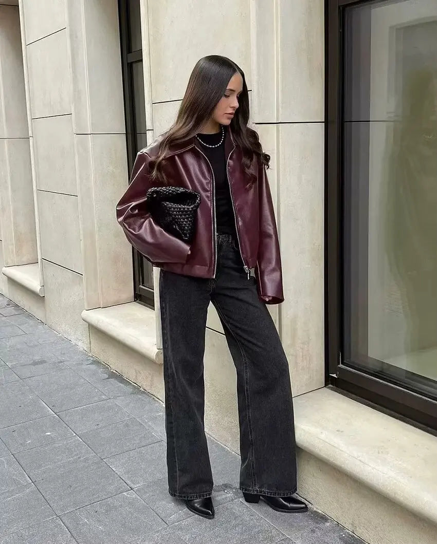 Women's Leather Jacket Zipper Front Classic Lapel Collar