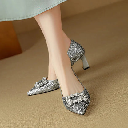 Women's Glitter Pumps Pointed Toe Crystal Buckle Heel