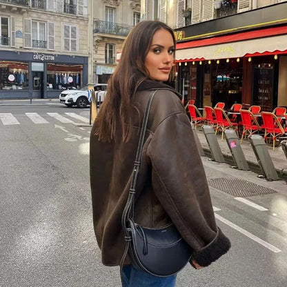 Women's Leather Winter Jacket Plush Lined Wide Collar