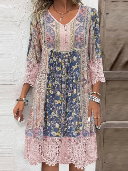 Women's Floral Lace Midi Dress V-Neck - VibreMode