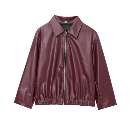 Women's Leather Jacket Zipper Front Classic Lapel Collar