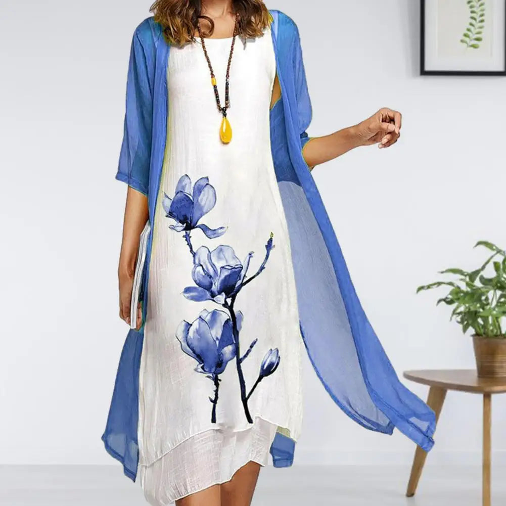 Women's Floral 2 Piece Dress Set with Lightweight Cardigan