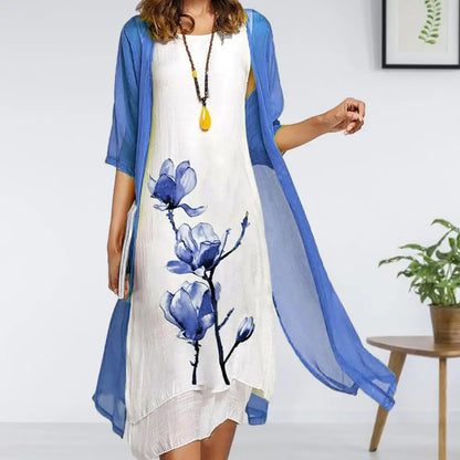 Women's Floral 2 Piece Dress Set Sheer Cardigan