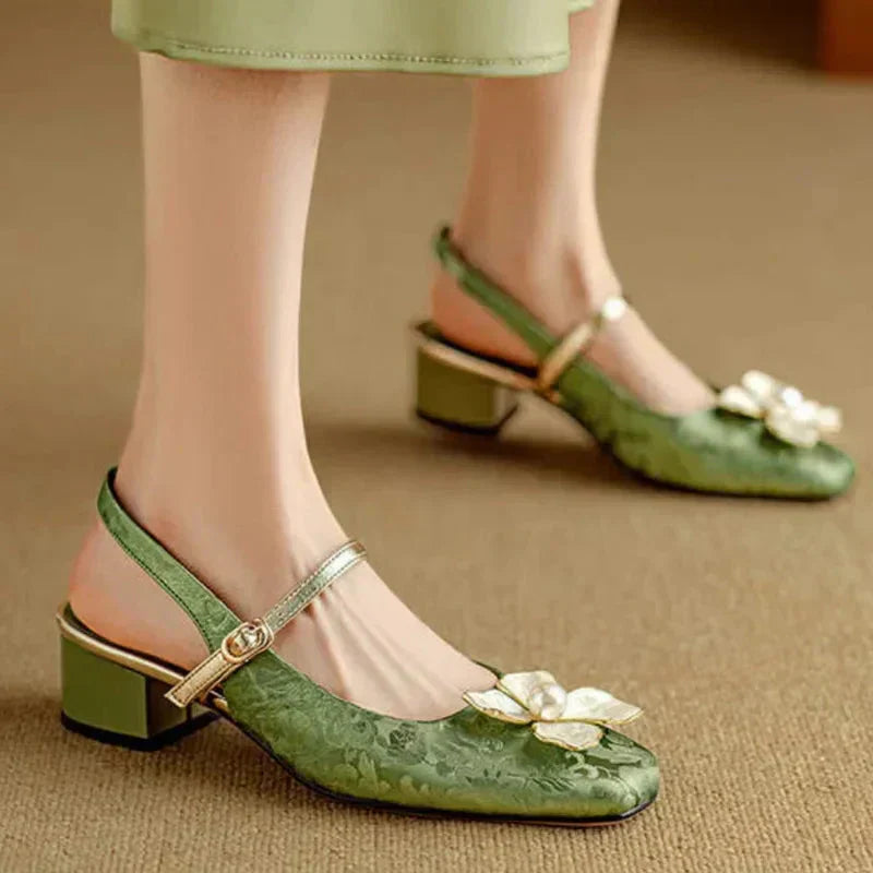 Elegant Ladies Floral Block Heel Slingback Shoes