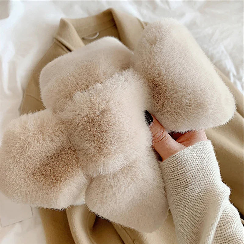 Women's Wrap Collar Scarf Fur Trim Cross Design