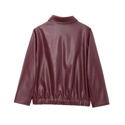 Women's Leather Jacket Zipper Front Classic Lapel Collar