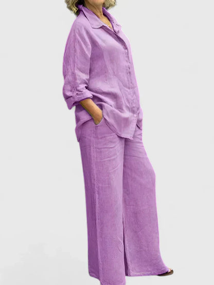 Women's Two-Piece Button-Down Shirt Set Wide Leg Pants
