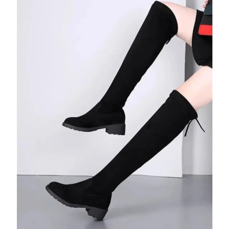 Women's Black Over-Knee Lace Boots Chunky Heel