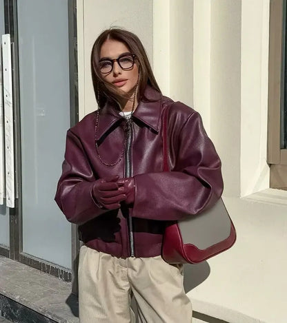 Women's Leather Jacket Zipper Front Classic Lapel Collar
