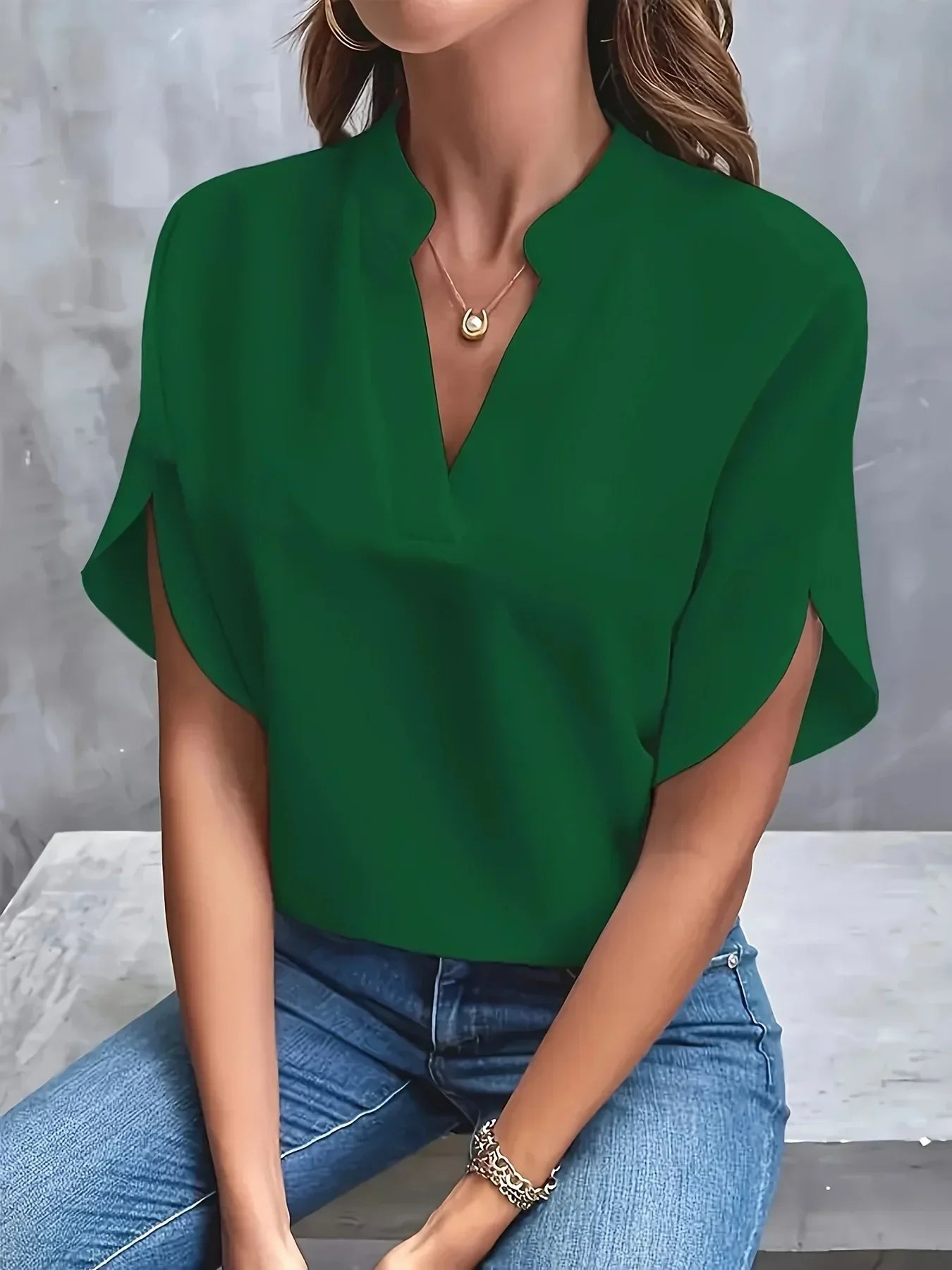 Ladies Chic V Neck Split Sleeve Top Blouse