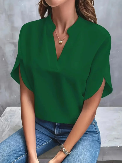 Women's Short Sleeve Blouse Split Neckline