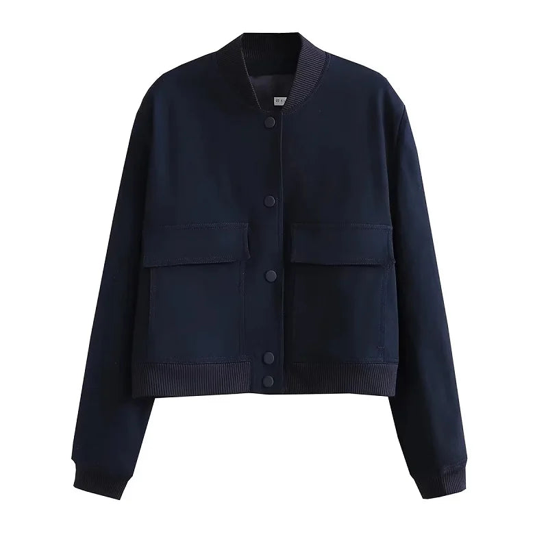 Women's Cropped Bomber Jacket Snap Buttons Utility Pockets