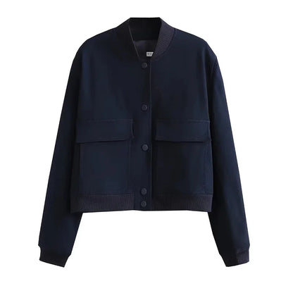 Women's Cropped Bomber Jacket Snap Buttons Utility Pockets