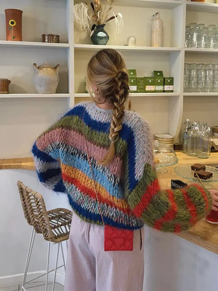 Women's Striped Knit Sweater Multicolor Long Sleeves