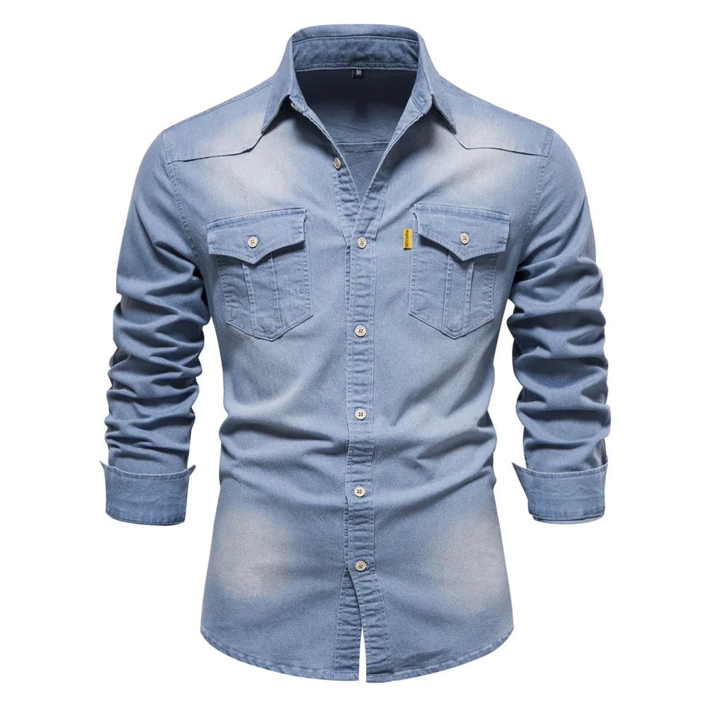 Men's Long Sleeve Button Shirt Cotton Contrast Dual Pocket