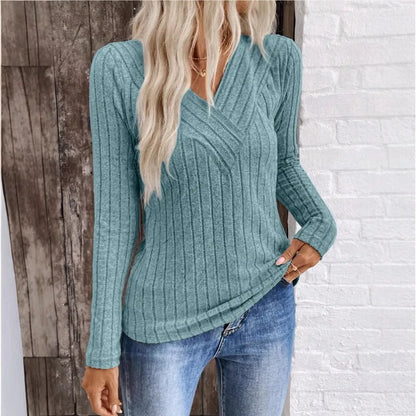 Women's V Neck Sweater Ribbed Texture - VibreMode