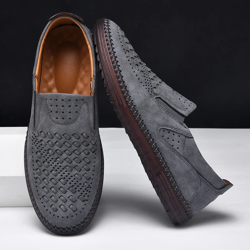 Men's Perforated Loafers Textured Leather Upper