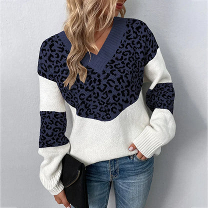 Women's V-Neck Sweater Leopard Print