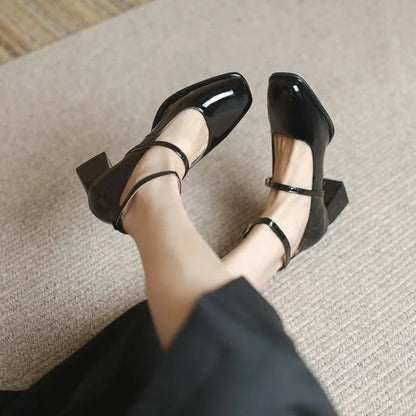 Women's Block Heel Pumps Ankle Strap Square Toe Mary Jane