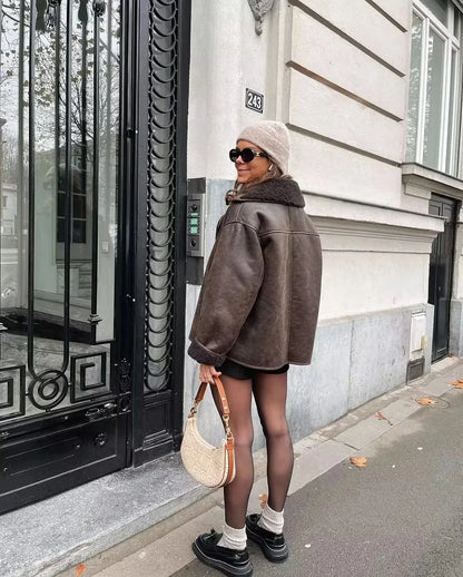 Women's Leather Winter Jacket Plush Lined Wide Collar