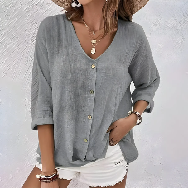 Women's V-Neck Blouse Full Button Front