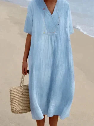 Women's V-Neck Short Sleeve Dress Lightweight Breathable Relaxed Fit - VibreMode