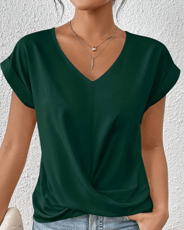 Green Twist Front V Neck Short Sleeve Women's Top - VibreMode