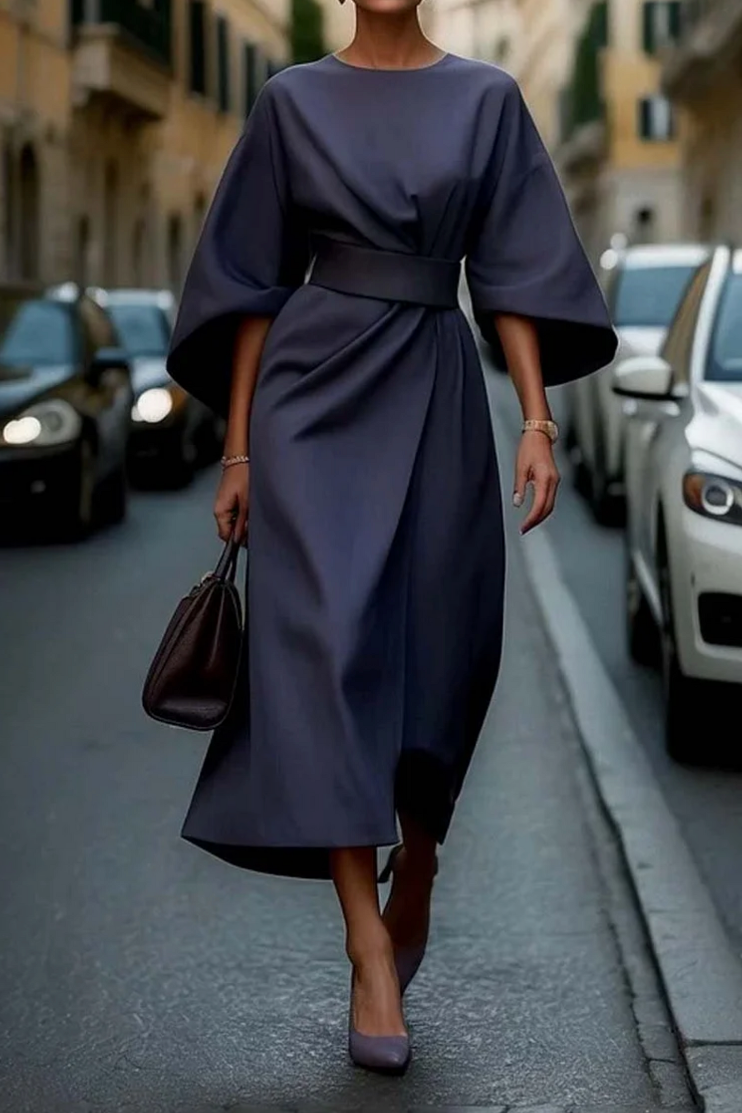 Women's Midi Dress Belted Waist