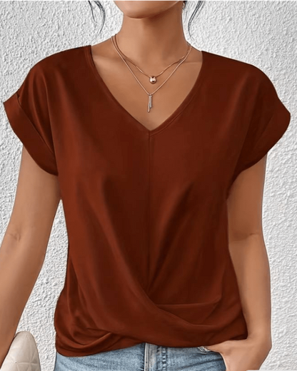 Women's V-Neck Twist Front Short Sleeve Blouse
