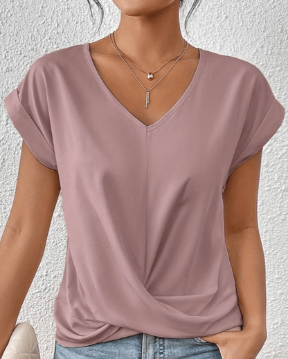 Women's V-Neck Twist Front Short Sleeve Blouse
