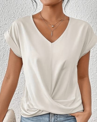 Green Twist Front V Neck Short Sleeve Women's Top