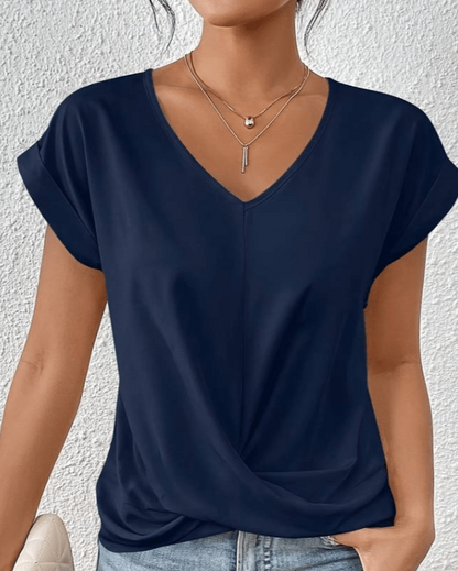 Green Twist Front V Neck Short Sleeve Women's Top