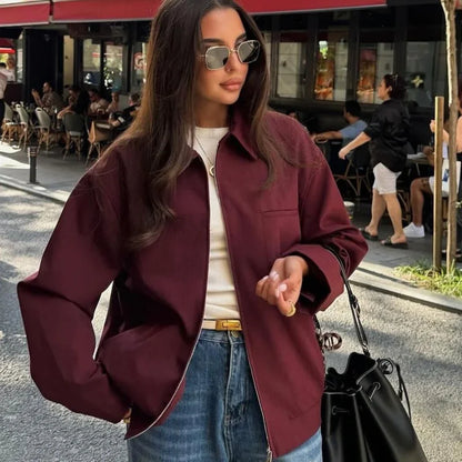 Women's Cropped Bomber Jacket Long Sleeve