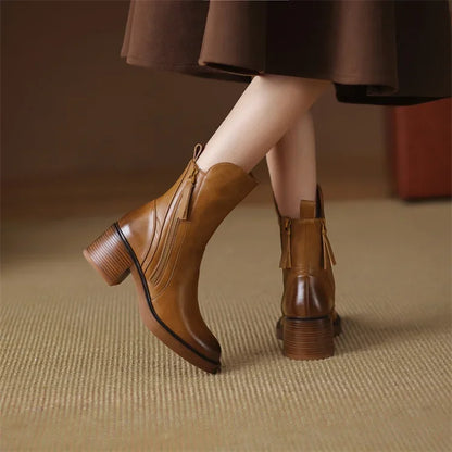 Women's Ankle Boots Chunky Sole Tassel Accent Brown