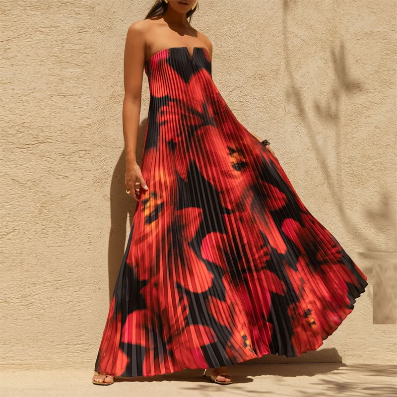 Women's Pleated Maxi Floral Dress