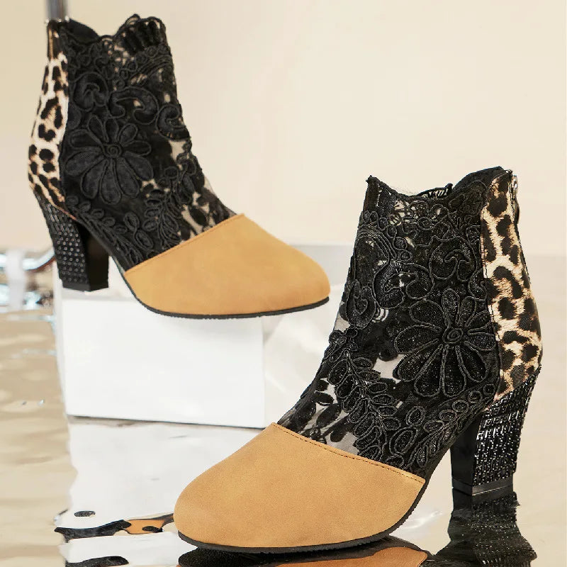 Women's Ankle Boots Block Heel Patterned Panel Design