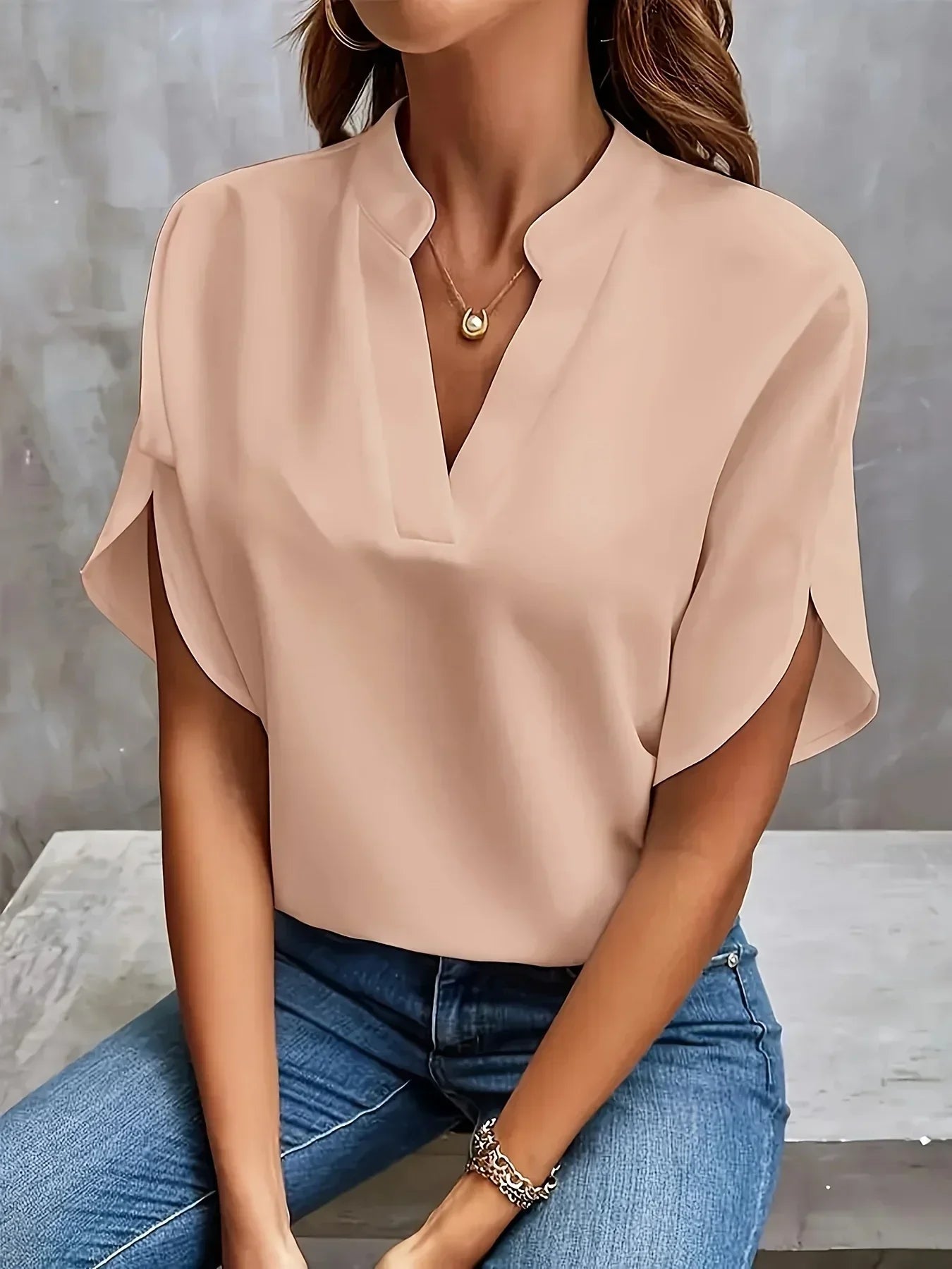 Women's Short Sleeve Blouse Split Neckline