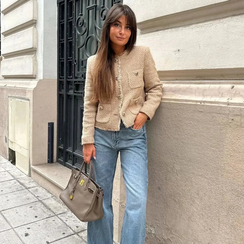 Women's Tweed Cropped Jacket Long Sleeve Beige - VibreMode